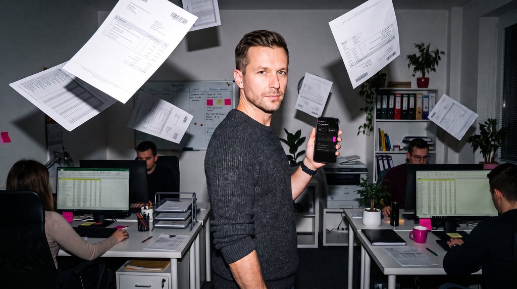 AI illustration: a business owner in the office holds a phone with a company overview, papers flying, team working at computers.