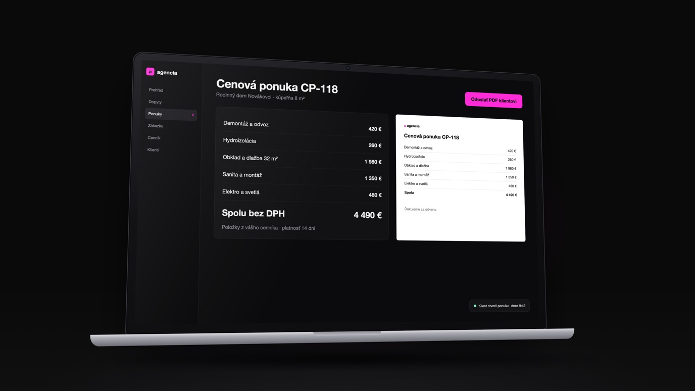 Ukážka systému v notebooku: cenová ponuka poskladaná z cenníka s náhľadom PDF. Vymyslené dáta.