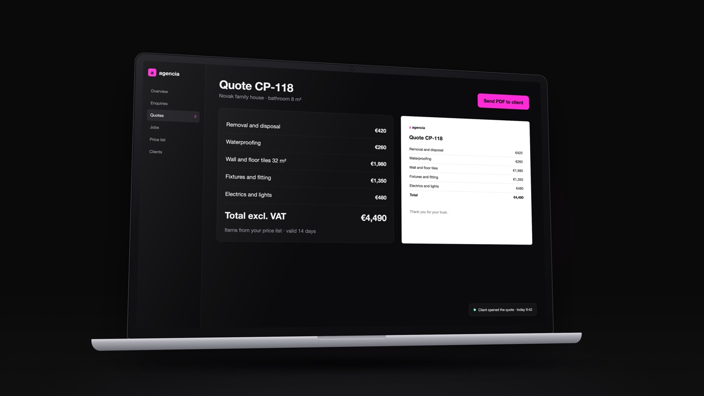 System preview on a laptop: a quote built from the price list with a PDF preview. Made-up data.