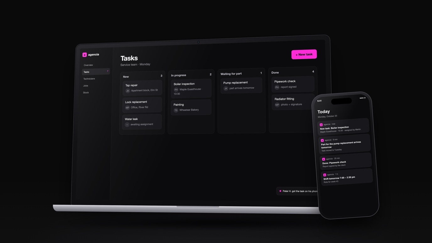 System preview on a laptop and phone: service team task board and phone notifications. Made-up data.