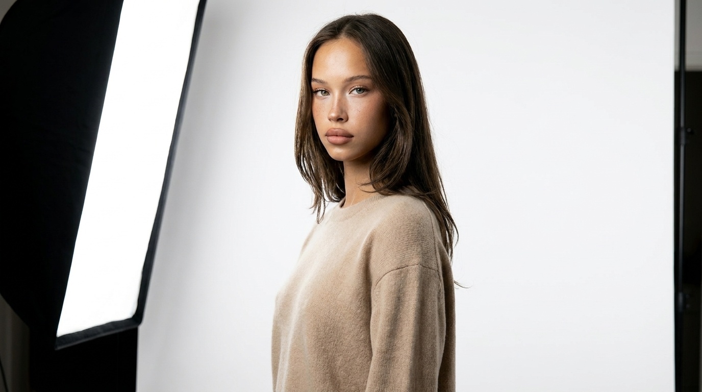 AI-generovaný avatar moderátora vo fotoateliéri — príklad AI kreatívy pre Meta a Google Ads kampane
